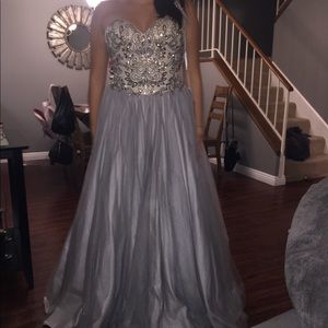 Gray Rhinestone Strapless Prom Dress